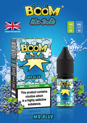 A product image featuring a bottle of Mr Blue Boom Nic Salt E Liquid with a graphic design that includes a blueberry fruit image, a cigarette, and the branding details such as 'Made for Brits', 'VG/PG 50/50', and the British flag.